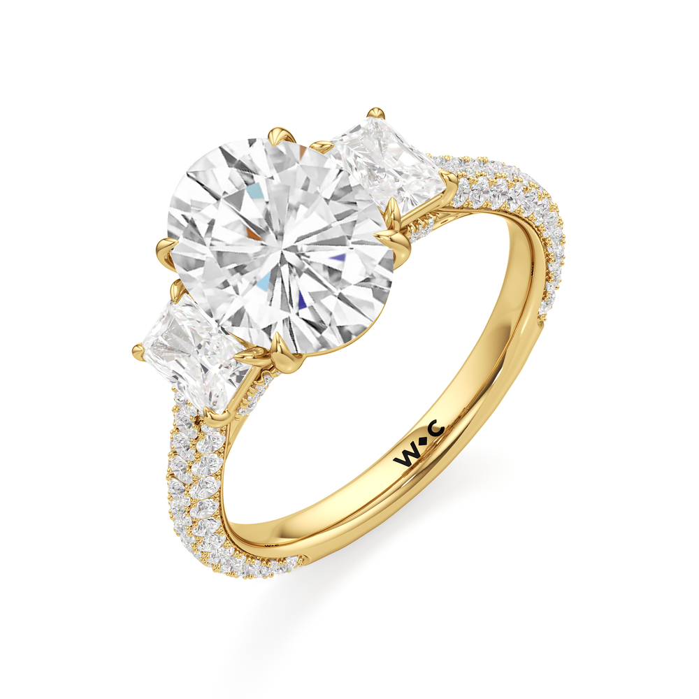 The Elise Three Stone Engagement Ring with Oval Cut Diamond in 14KT Yellow Gold view 4
