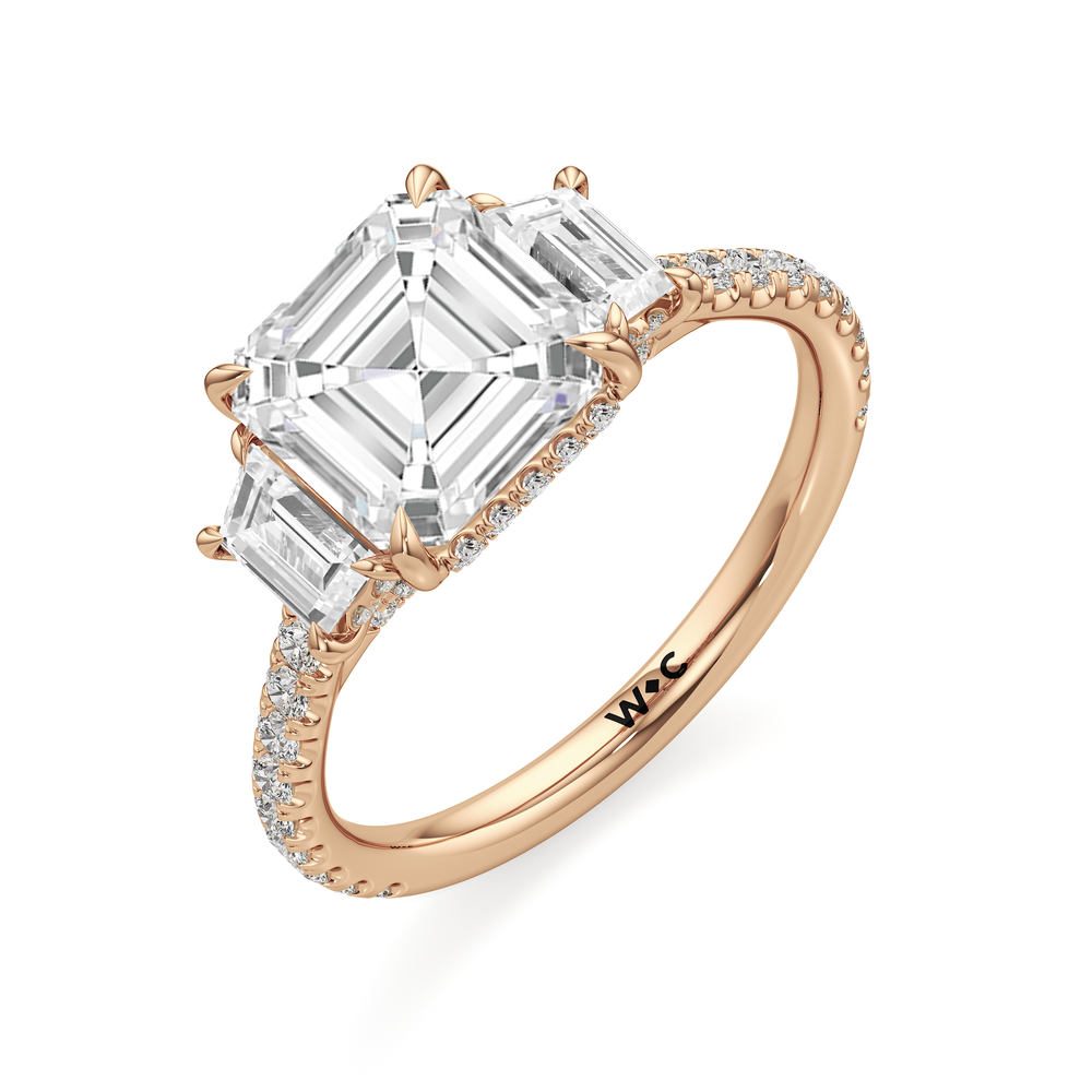 The Charlotte Three Stone Engagement Ring with Asscher Cut Diamond in 14KT Rose Gold view 3

