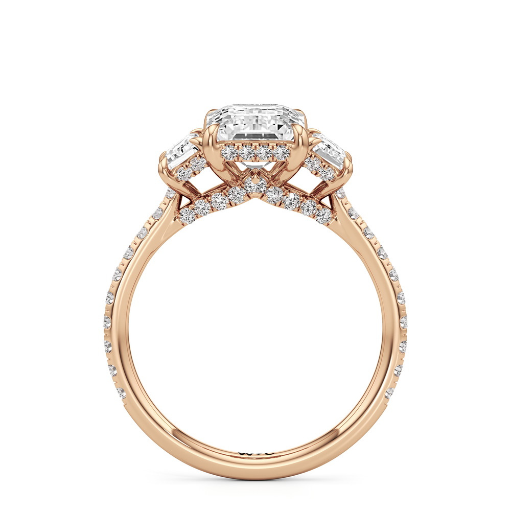 The Charlotte Three Stone Engagement Ring with Emerald Cut Diamond in 14KT Rose Gold view 2
