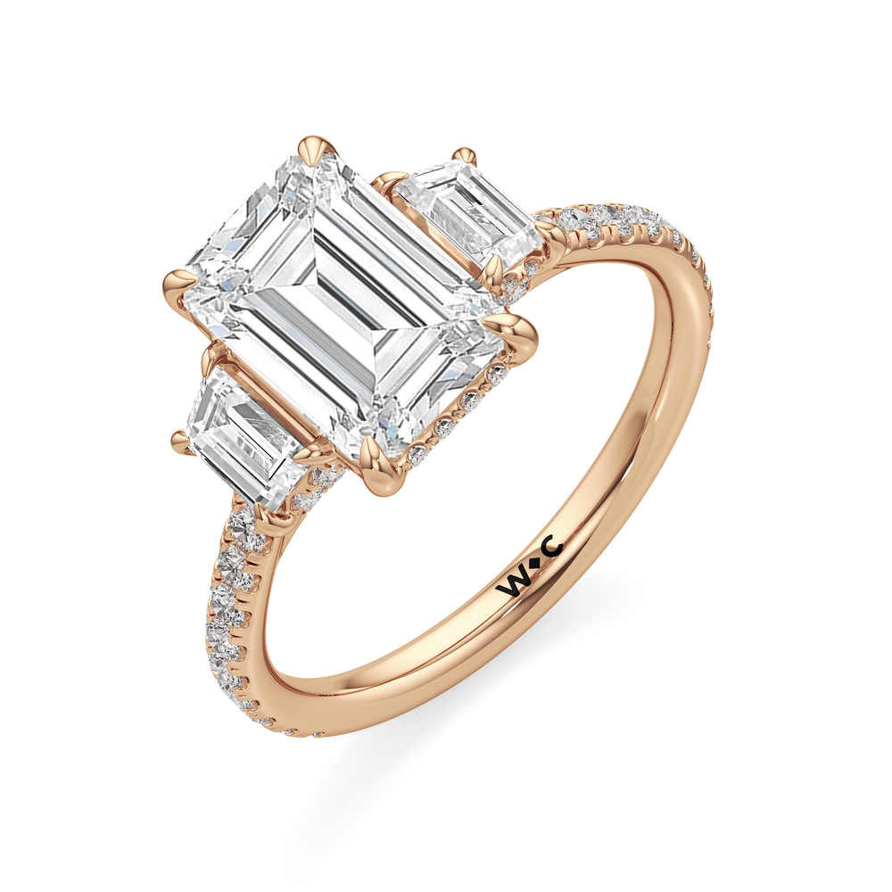 The Charlotte Three Stone Engagement Ring with Emerald Cut Diamond in 14KT Rose Gold view 3
