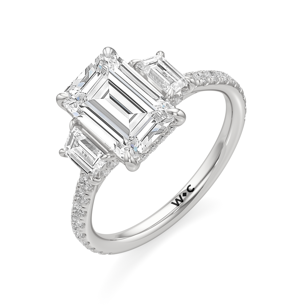 The Charlotte Three Stone Engagement Ring with Emerald Cut Diamond in 14KT Platinum view 3
