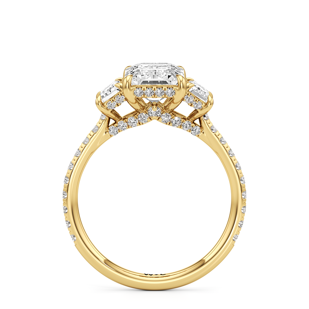 The Charlotte Three Stone Engagement Ring with Emerald Cut Diamond in 14KT Yellow Gold view 2
