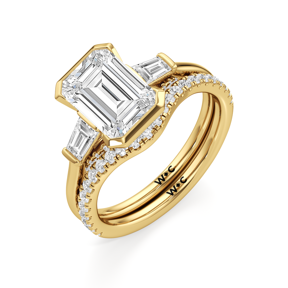 The Frankie Three Stone Engagement Ring with Emerald Cut Diamond in 14KT Yellow Gold view 4
