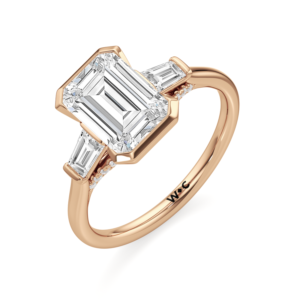 The Frankie Three Stone Engagement Ring with Emerald Cut Diamond in 14KT Rose Gold view 3
