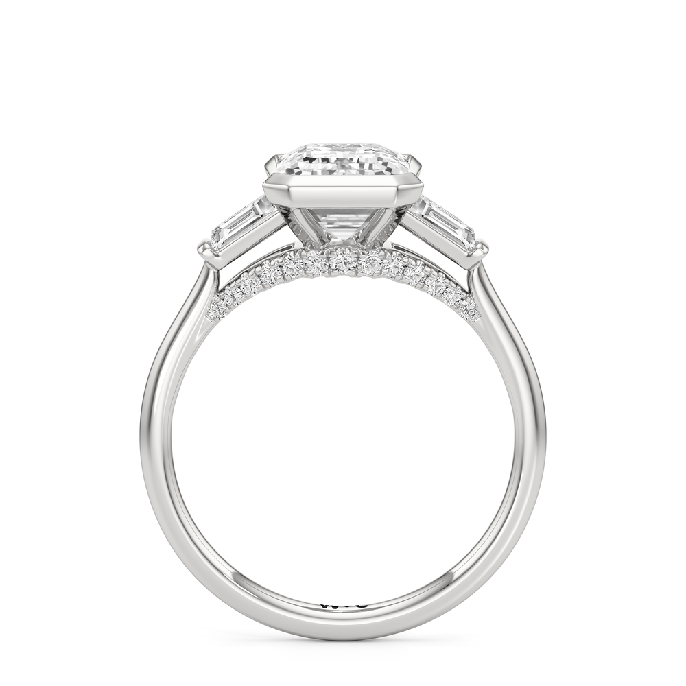 The Frankie Three Stone Engagement Ring with Emerald Cut Diamond in 14KT Platinum view 2

