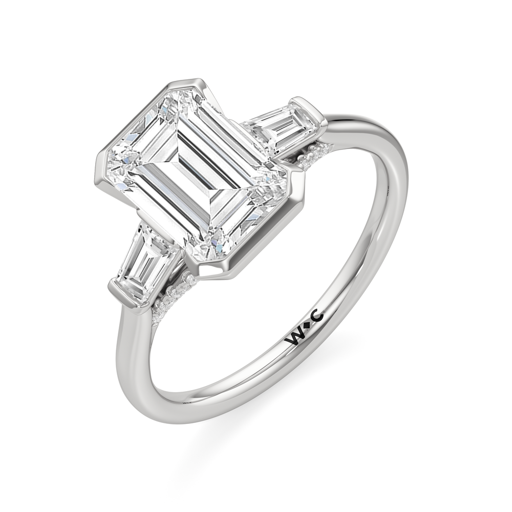 The Frankie Three Stone Engagement Ring with Emerald Cut Diamond in 14KT Platinum view 3
