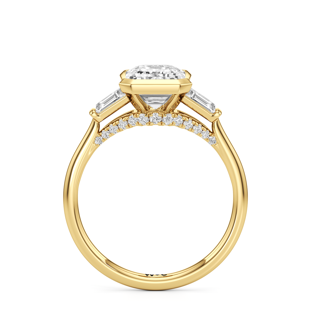 The Frankie Three Stone Engagement Ring with Emerald Cut Diamond in 14KT Yellow Gold view 2
