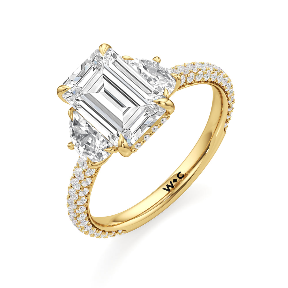 The Juliet Three Stone Engagement Ring with Emerald Cut Diamond in 14KT Yellow Gold view 3
