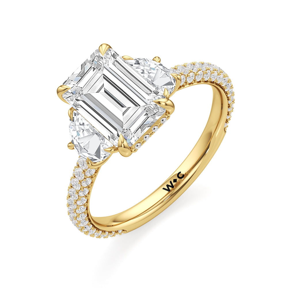 The Juliet Three Stone Engagement Ring with Emerald Cut Diamond in 14KT Yellow Gold view 4
