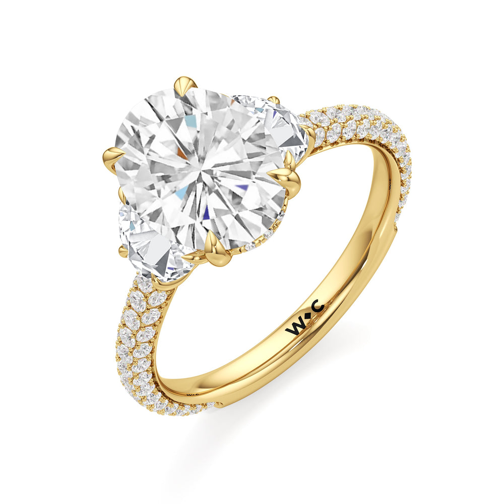 The Juliet Three Stone Engagement Ring with Oval Cut Diamond in 14KT Yellow Gold view 4
