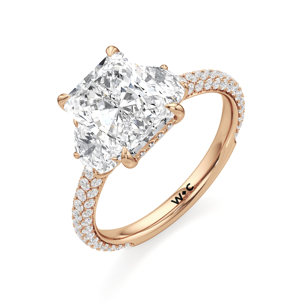 The Juliet Three Stone Engagement Ring with Radiant Cut Diamond in 14KT Rose Gold view 3
