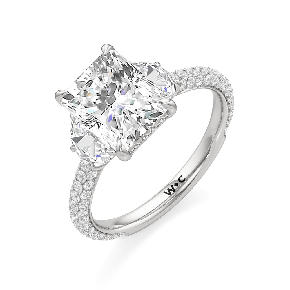 The Juliet Three Stone Engagement Ring with Radiant Cut Diamond in 14KT Platinum view 4
