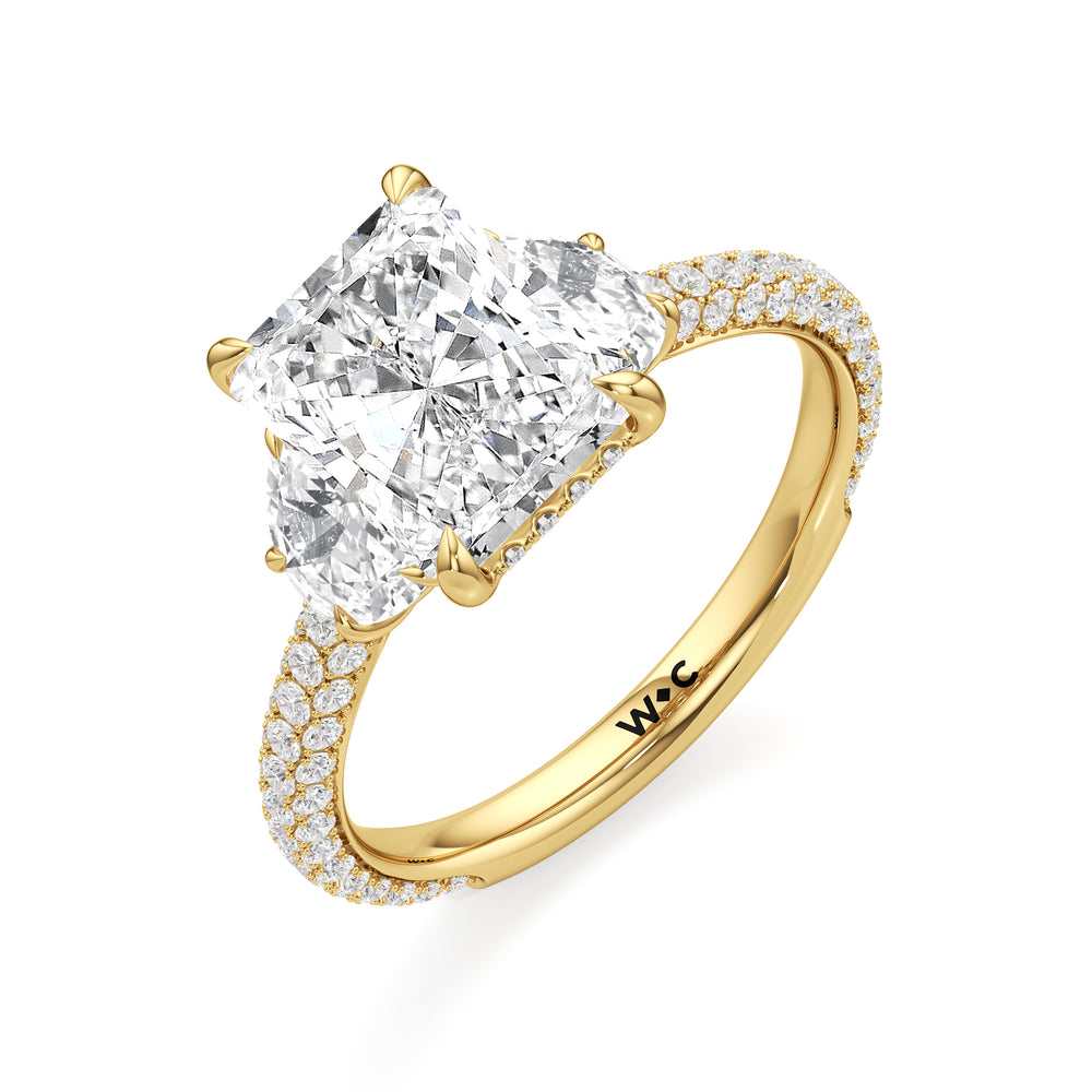 The Juliet Three Stone Engagement Ring with Radiant Cut Diamond in 14KT Yellow Gold view 3
