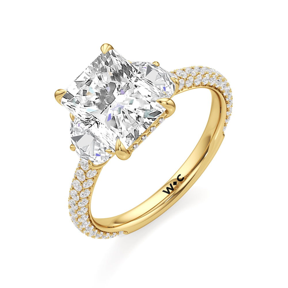 The Juliet Three Stone Engagement Ring with Radiant Cut Diamond in 14KT Yellow Gold view 4
