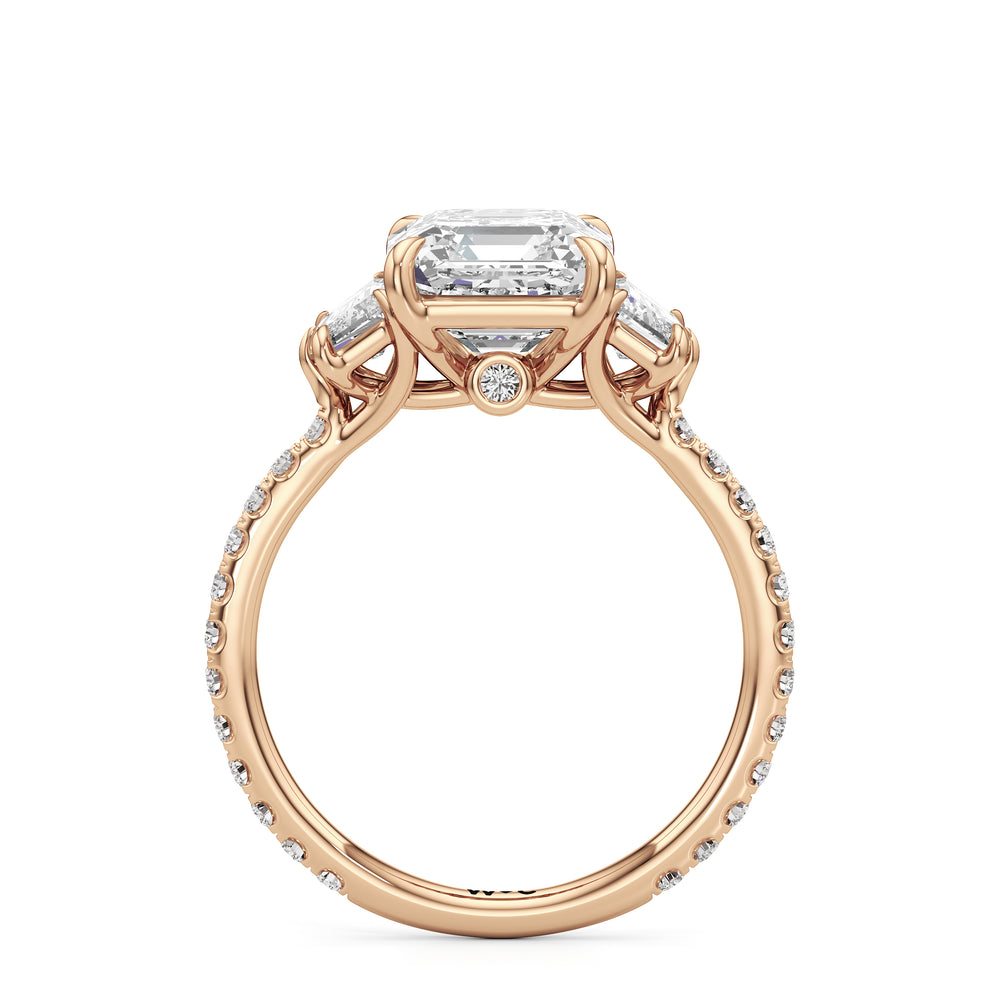 The Scarlett Three Stone Engagement Ring with Asscher Cut Diamond in 14KT Rose Gold view 2
