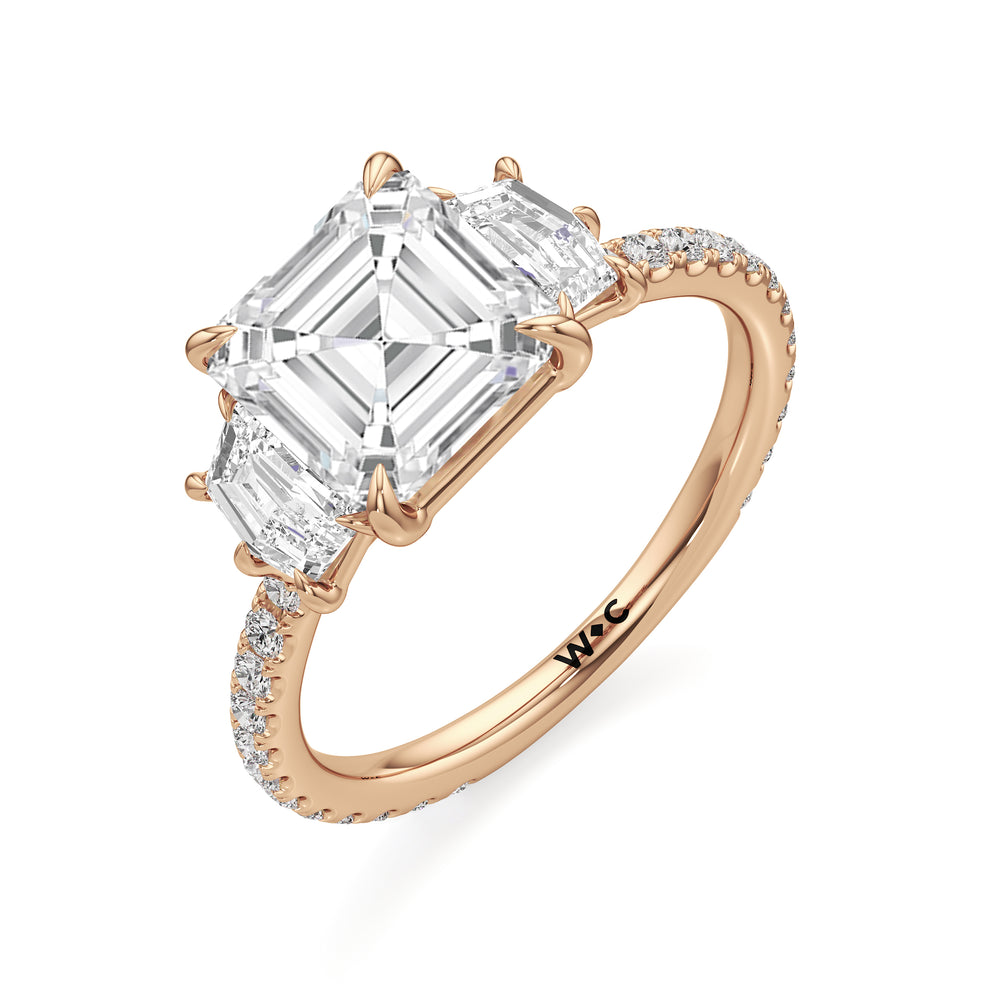 The Scarlett Three Stone Engagement Ring with Asscher Cut Diamond in 14KT Rose Gold view 3
