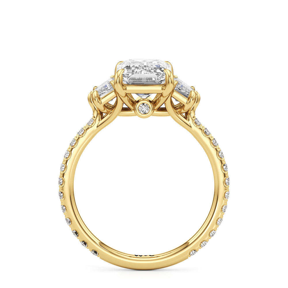 The Scarlett Three Stone Engagement Ring with Emerald Cut Diamond in 14KT Yellow Gold view 2
