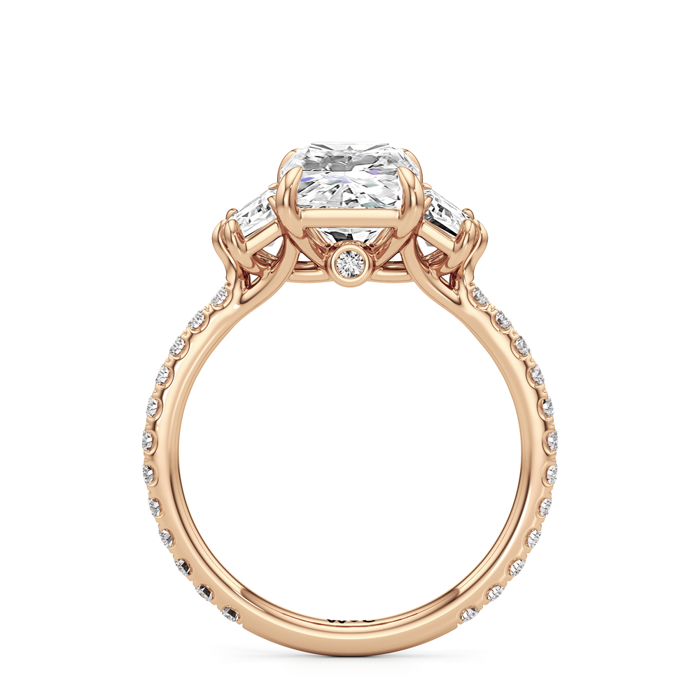 The Scarlett Three Stone Engagement Ring with Radiant Cut Diamond in 14KT Rose Gold view 2

