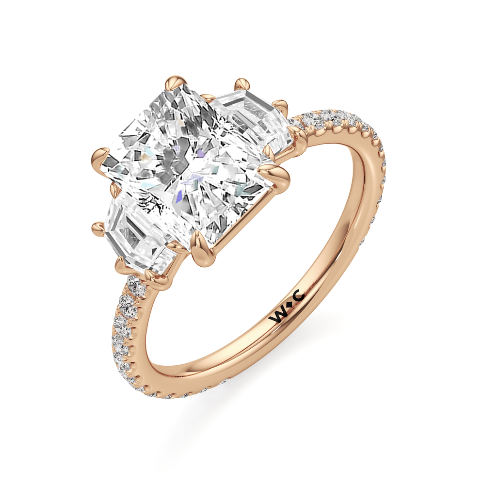 The Scarlett Three Stone Engagement Ring with Radiant Cut Diamond in 14KT Rose Gold view 3

