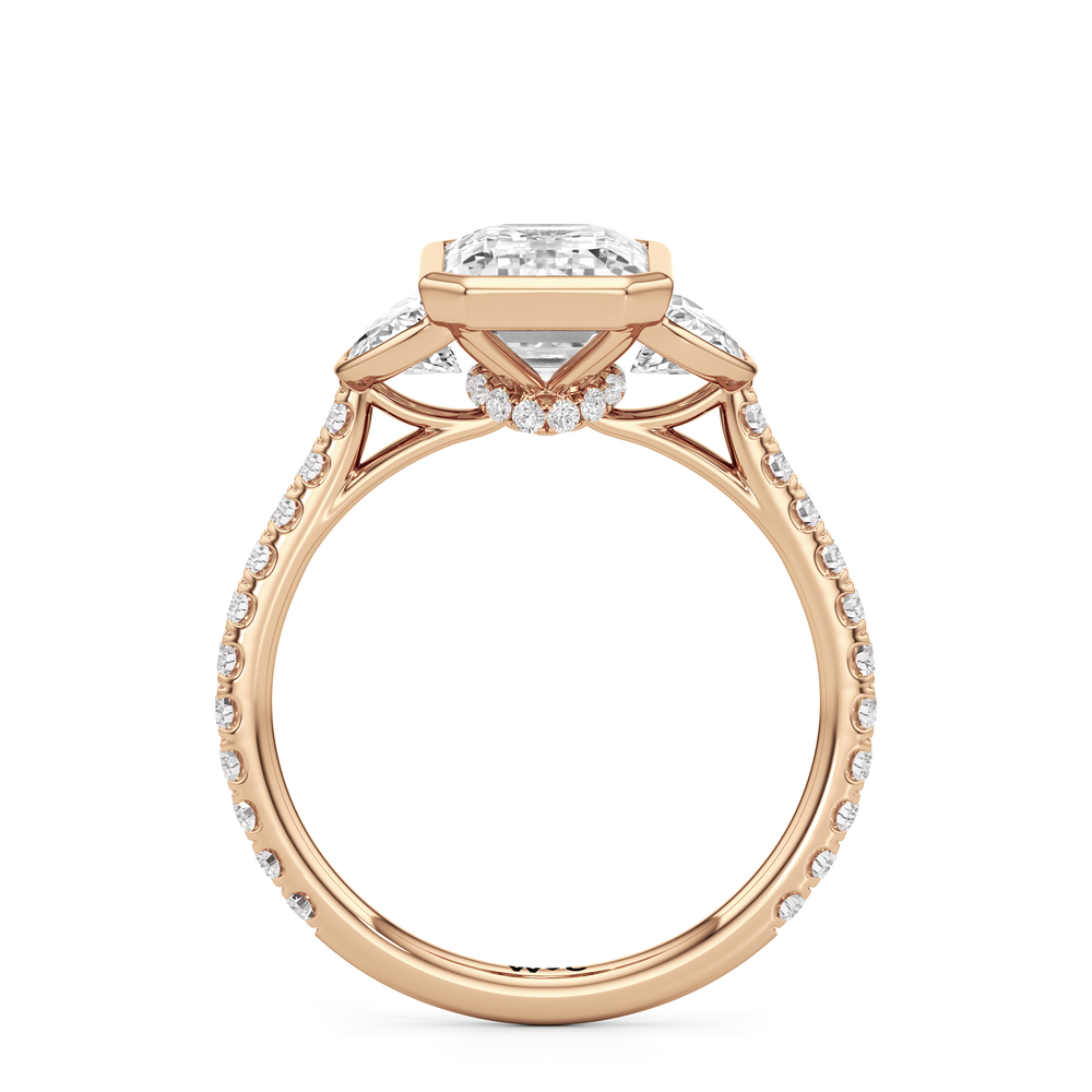 The Olivia Three Stone Engagement Ring with Emerald Cut Diamond in 14KT Rose Gold view 2
