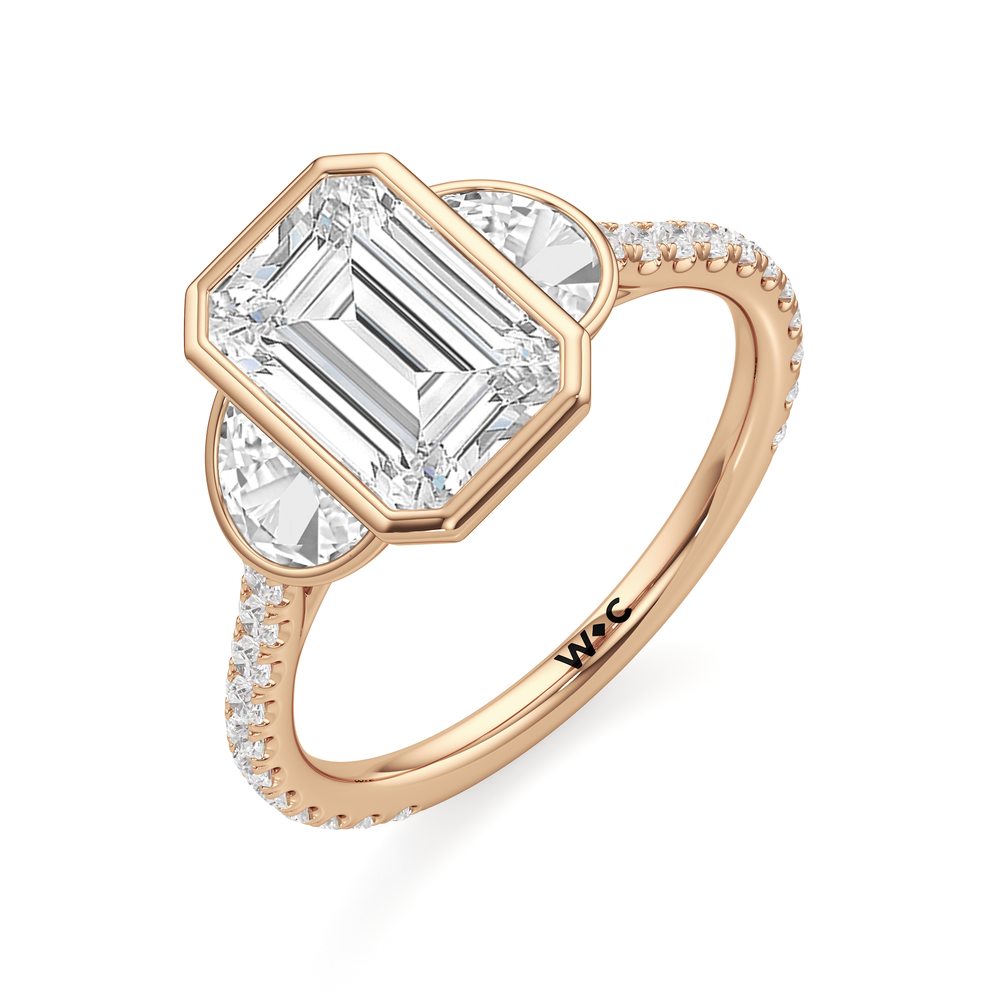 The Olivia Three Stone Engagement Ring with Emerald Cut Diamond in 14KT Rose Gold view 3
