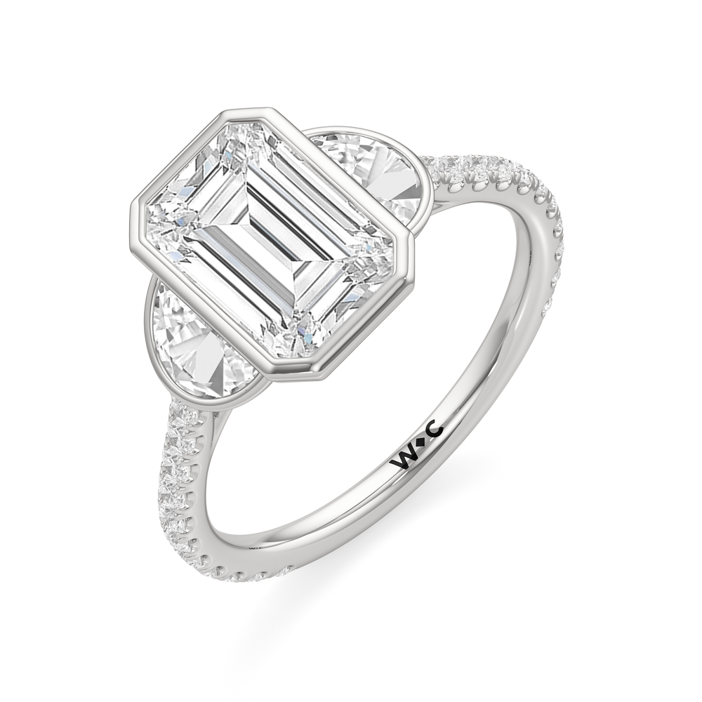 The Olivia Three Stone Engagement Ring with Emerald Cut Diamond in 14KT Platinum view 3
