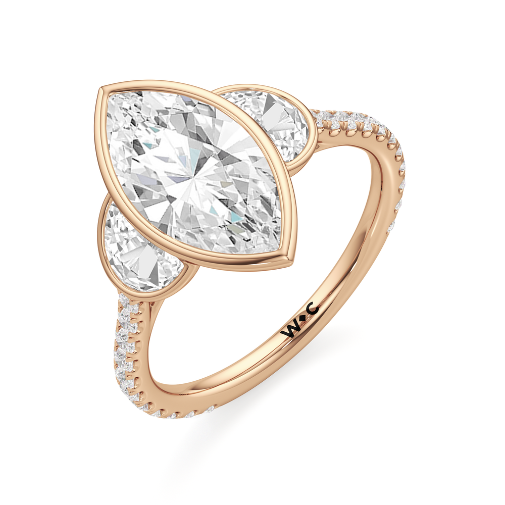 The Olivia Three Stone Engagement Ring with Marquise Cut Diamond in 14KT Rose Gold view 4
