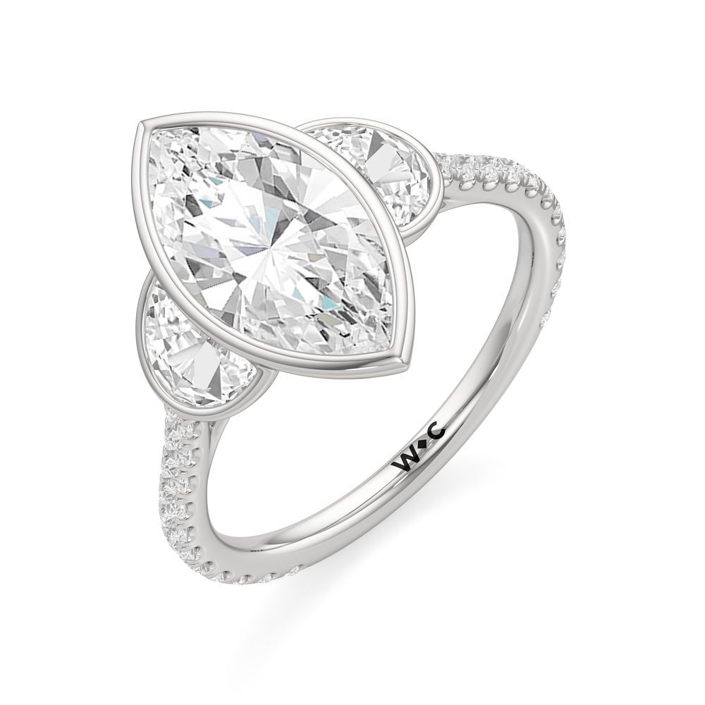 The Olivia Three Stone Engagement Ring with Marquise Cut Diamond in 14KT Platinum view 3
