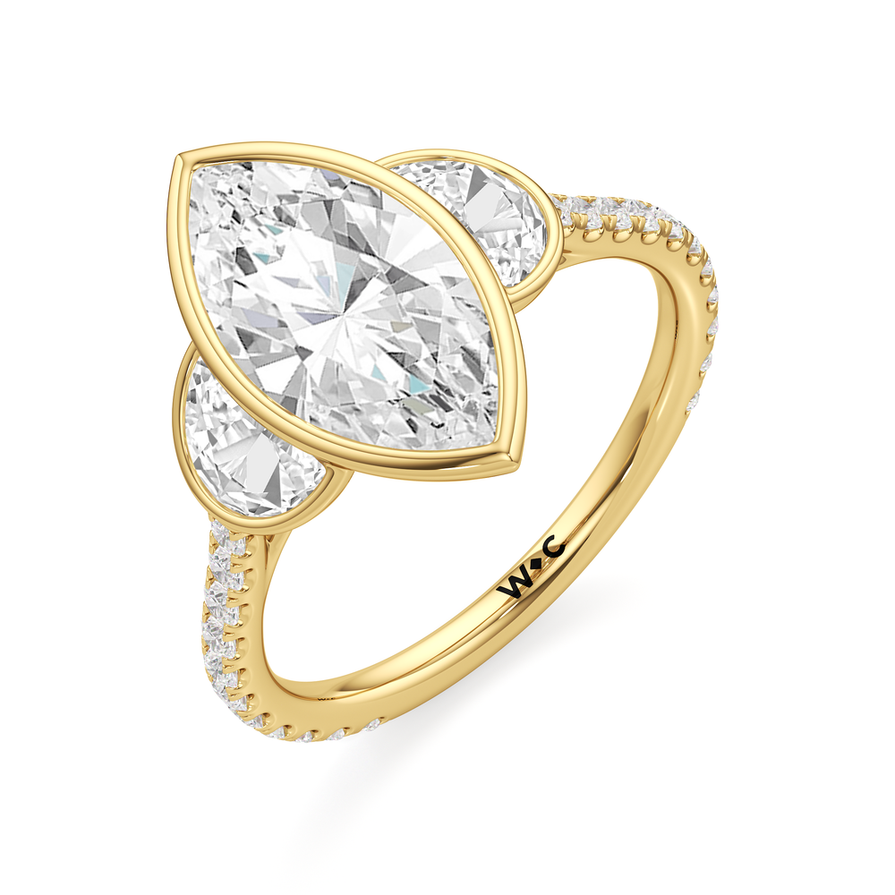 The Olivia Three Stone Engagement Ring with Marquise Cut Diamond in 14KT Yellow Gold view 4

