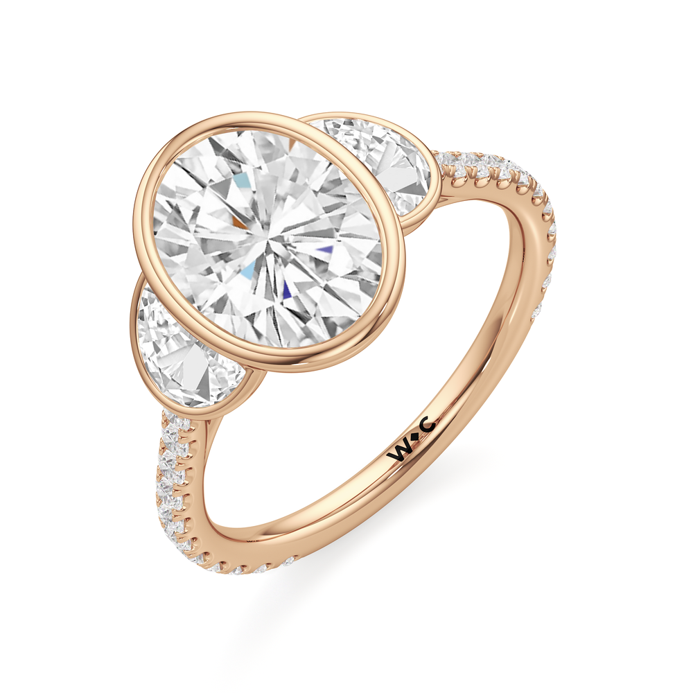 The Olivia Three Stone Engagement Ring with Oval Cut Diamond in 14KT Rose Gold view 3
