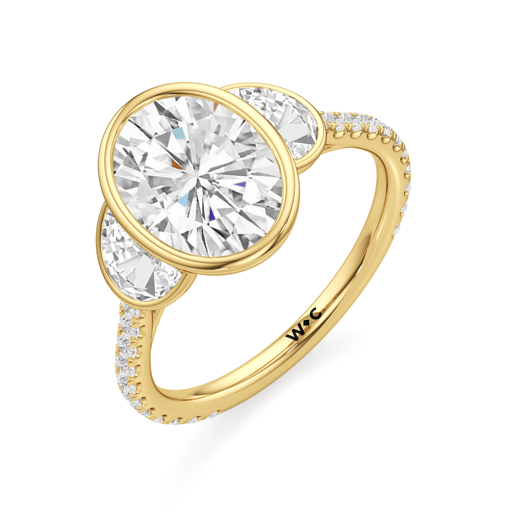 The Olivia Three Stone Engagement Ring with Oval Cut Diamond in 14KT Yellow Gold view 3
