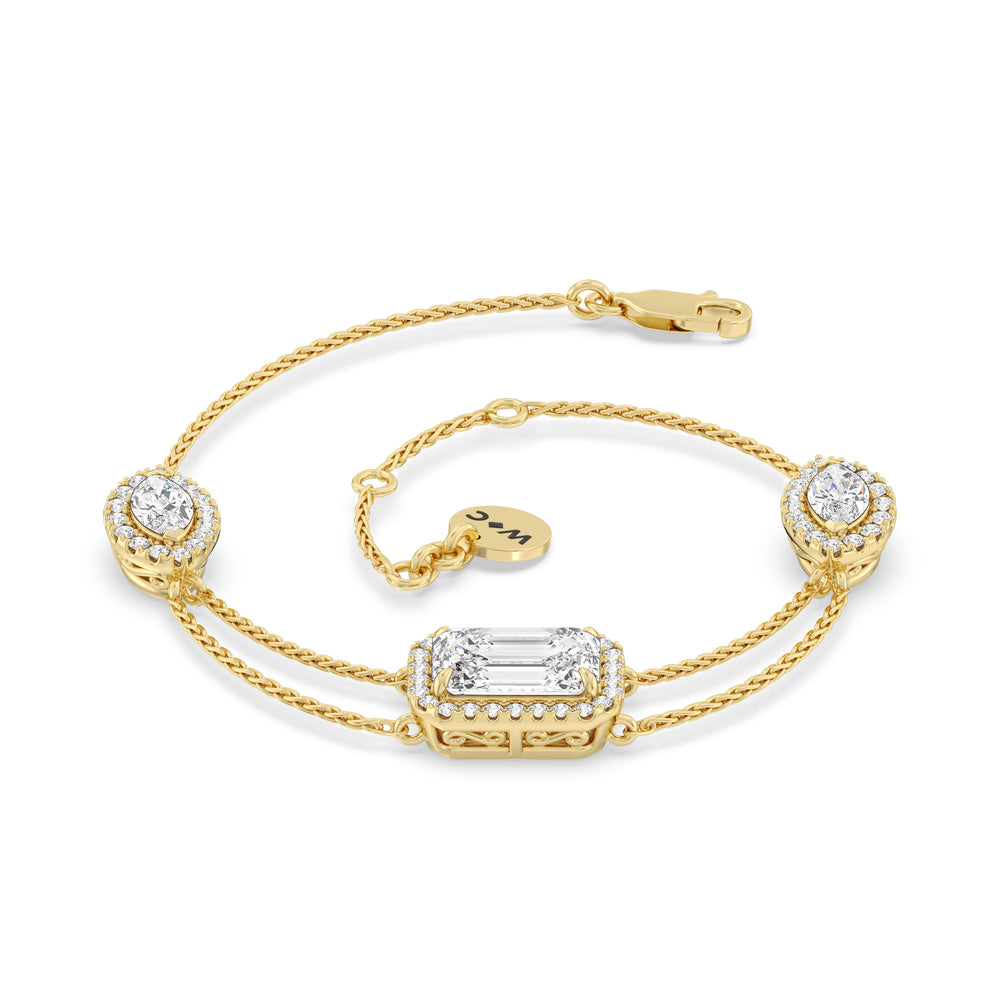 Halo Trio Station Bracelet with Lab Cut Diamond in 14KT Yellow Gold view 4
