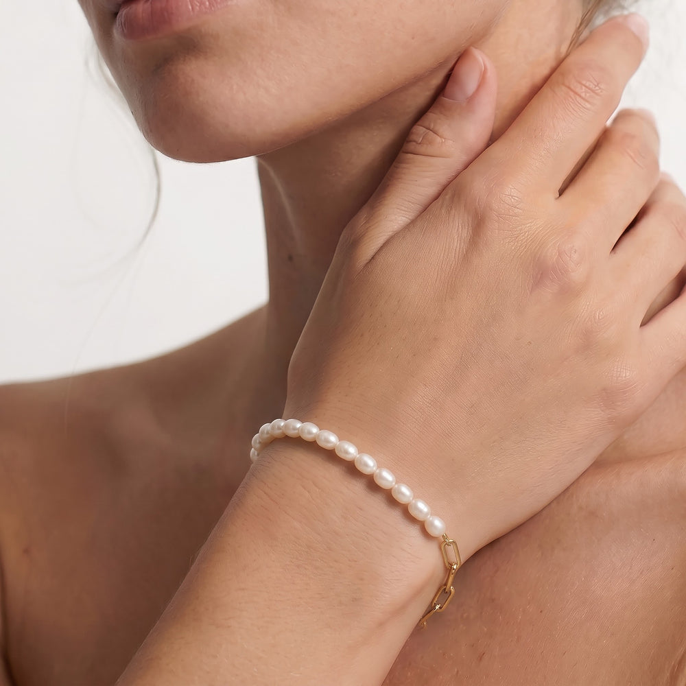 Pearl Paperclip Chain Bracelet with Sterling Silver Cut Diamond in 14KT Sterling Silver view 2
