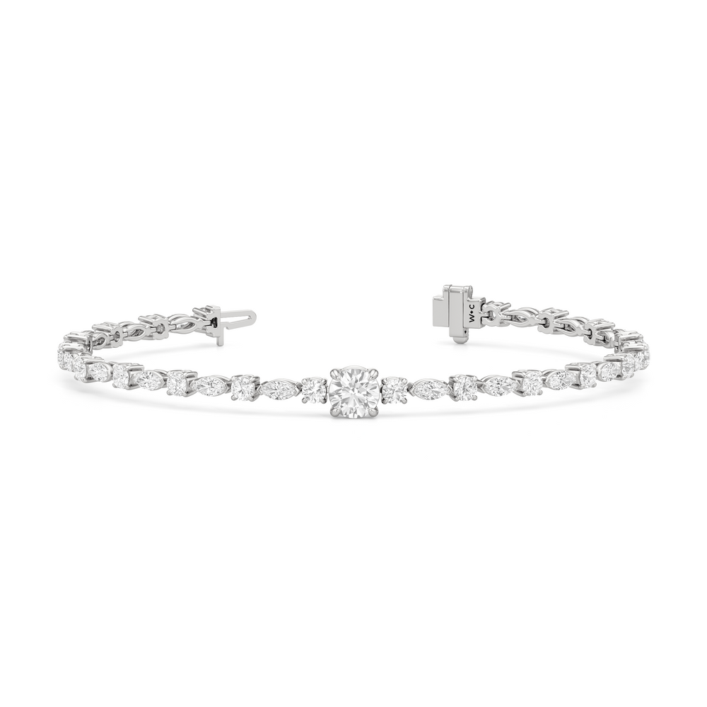 Round with Trailing Round and Marquise Tennis Bracelet with Lab Cut Diamond in 14KT White Gold view 2
