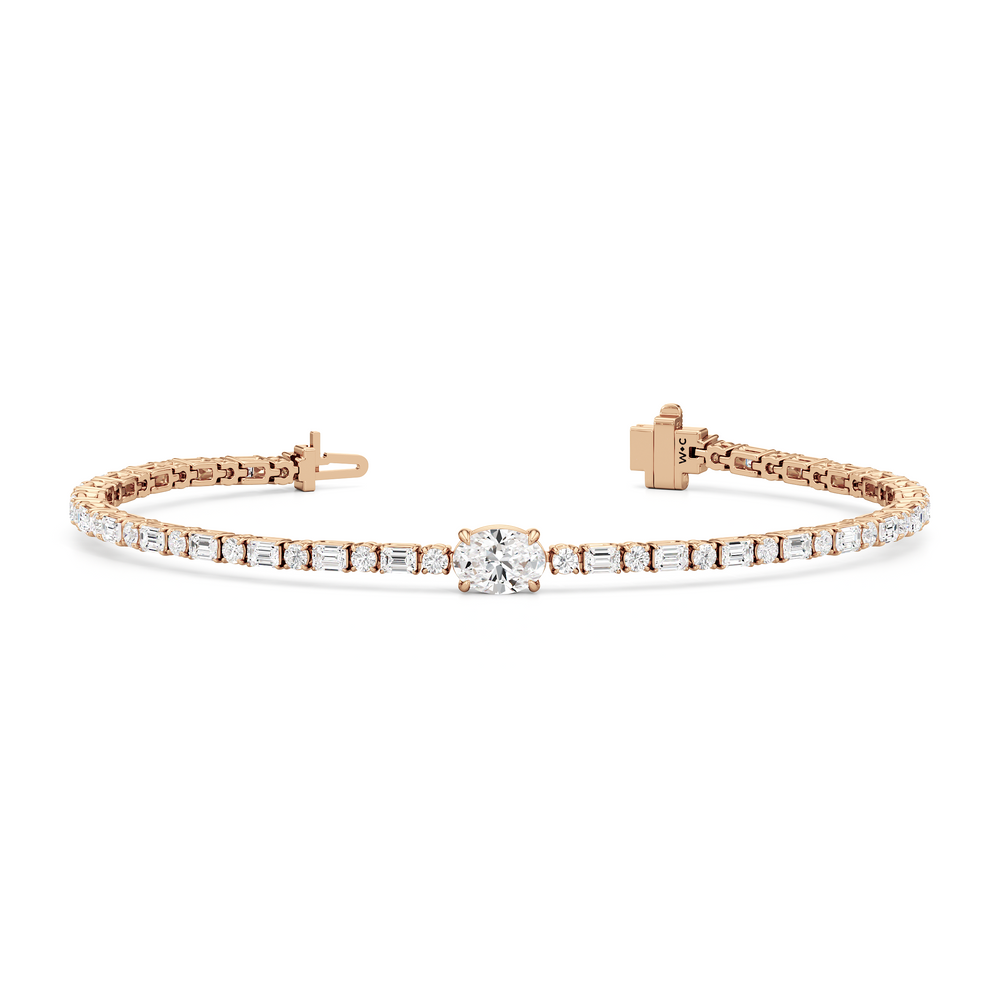 Oval With Trailing Round and Emeralds Tennis Bracelet with Lab Cut Diamond in 14KT Rose Gold view 2
