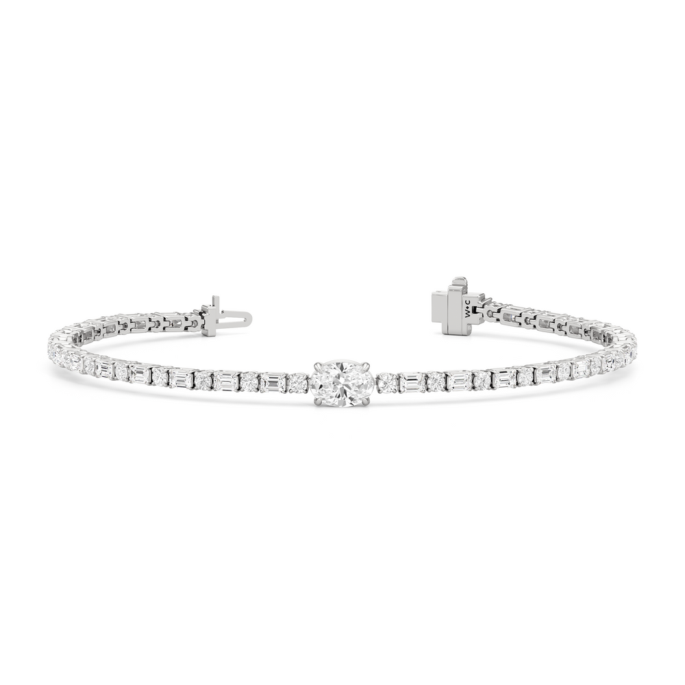Oval With Trailing Round and Emeralds Tennis Bracelet with Lab Cut Diamond in 14KT White Gold view 2
