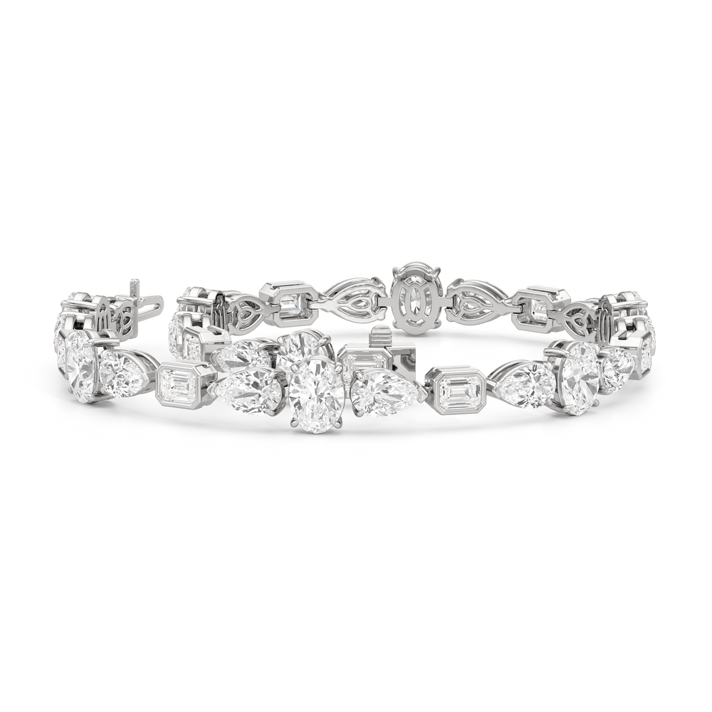 Pear Oval Sequenced with Bezeled Emerald Tennis Bracelet with Lab Cut Diamond in 14KT White Gold view 3
