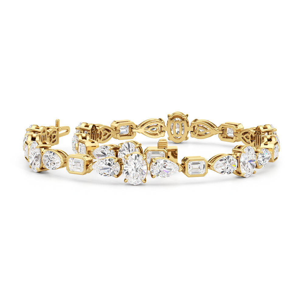 Pear Oval Sequenced with Bezeled Emerald Tennis Bracelet with Lab Cut Diamond in 14KT Yellow Gold view 3
