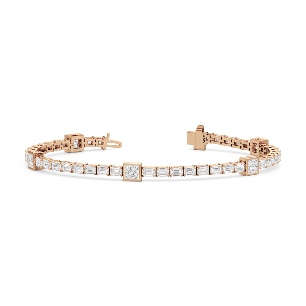 Bezeled Princess Station with Emeralds Tennis Bracelet with Lab Cut Diamond in 14KT Rose Gold view 2
