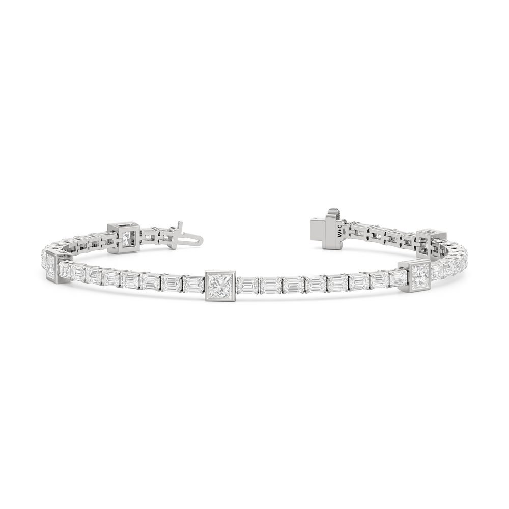 Bezeled Princess Station with Emeralds Tennis Bracelet with Lab Cut Diamond in 14KT White Gold view 2
