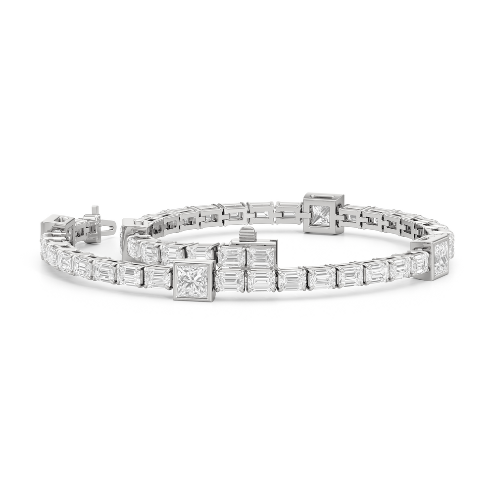 Bezeled Princess Station with Emeralds Tennis Bracelet with Lab Cut Diamond in 14KT White Gold view 3
