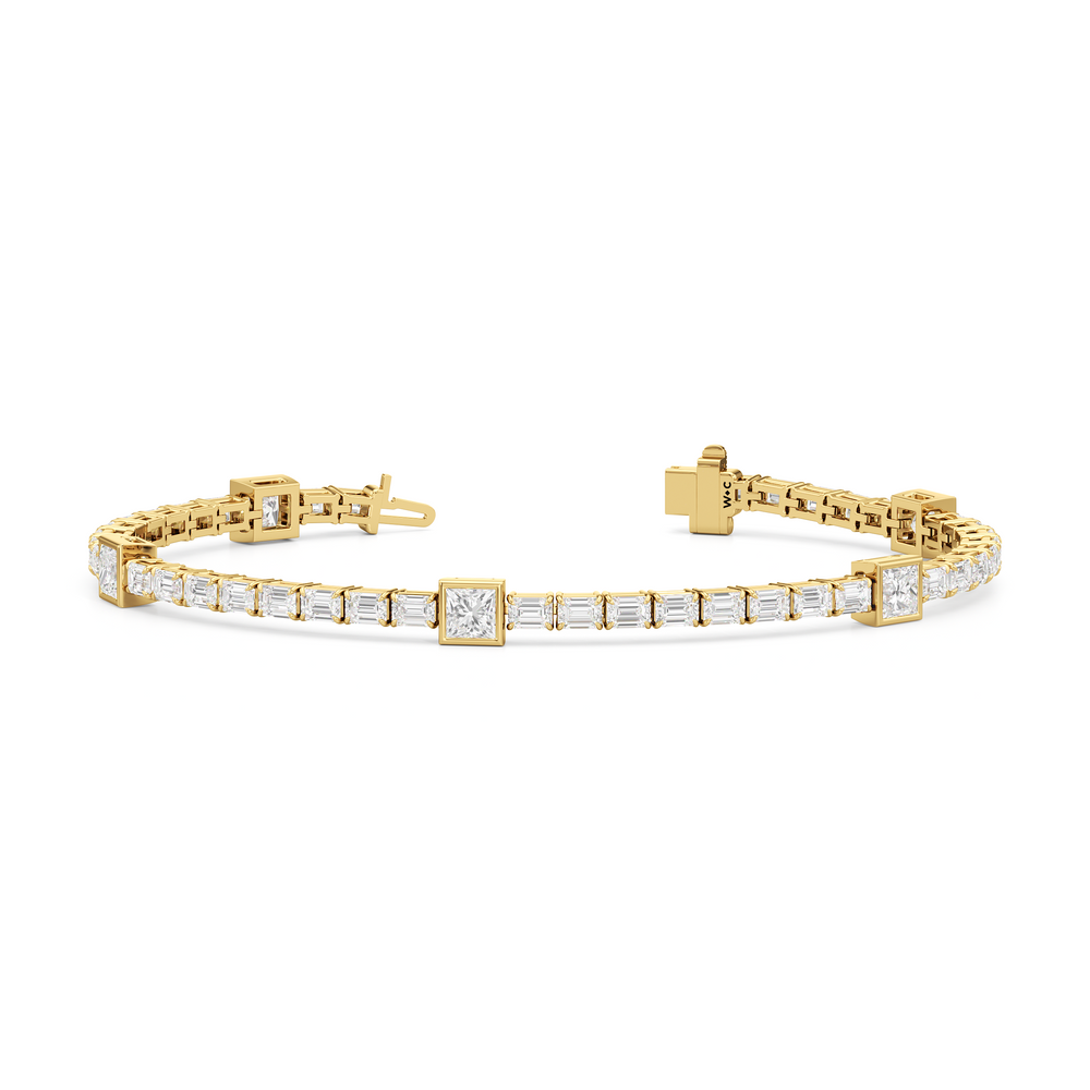 Bezeled Princess Station with Emeralds Tennis Bracelet with Lab Cut Diamond in 14KT Yellow Gold view 2
