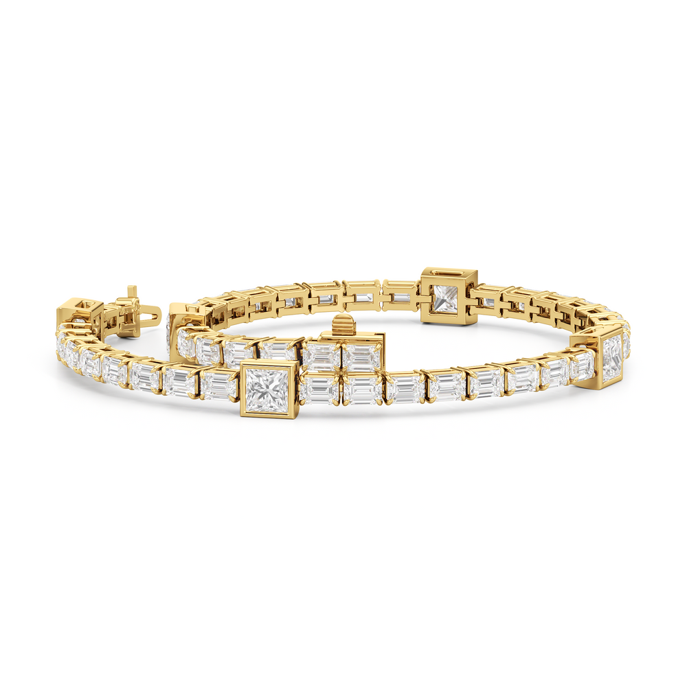 Bezeled Princess Station with Emeralds Tennis Bracelet with Lab Cut Diamond in 14KT Yellow Gold view 3
