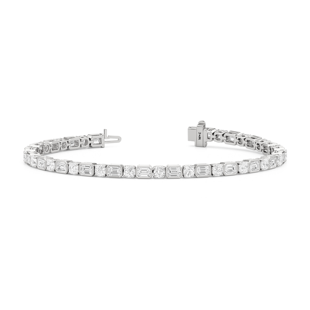 Bezeled Emerald with Cushion Alternating Tennis Bracelet with Lab Cut Diamond in 14KT White Gold view 2
