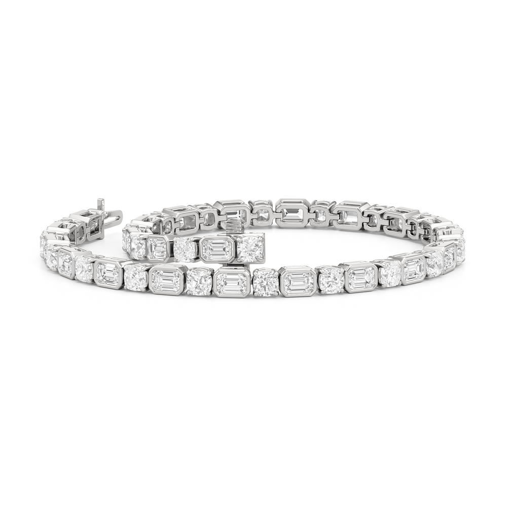 Bezeled Emerald with Cushion Alternating Tennis Bracelet with Lab Cut Diamond in 14KT White Gold view 3
