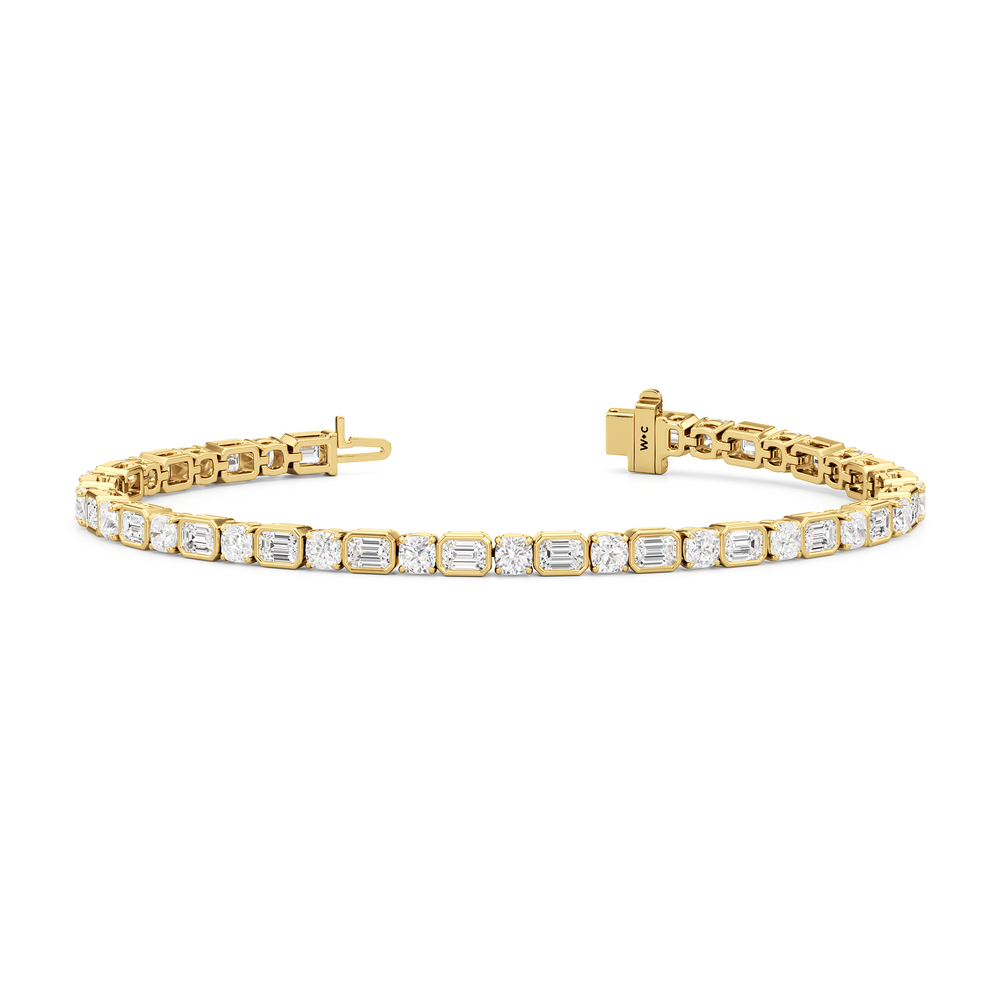 Bezeled Emerald with Cushion Alternating Tennis Bracelet with Lab Cut Diamond in 14KT Yellow Gold view 2

