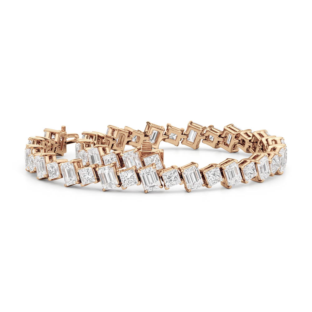 Emerald and Princess Herringbone Tennis Bracelet with 13 3/4 Cut Diamond in 14KT Rose Gold view 3
