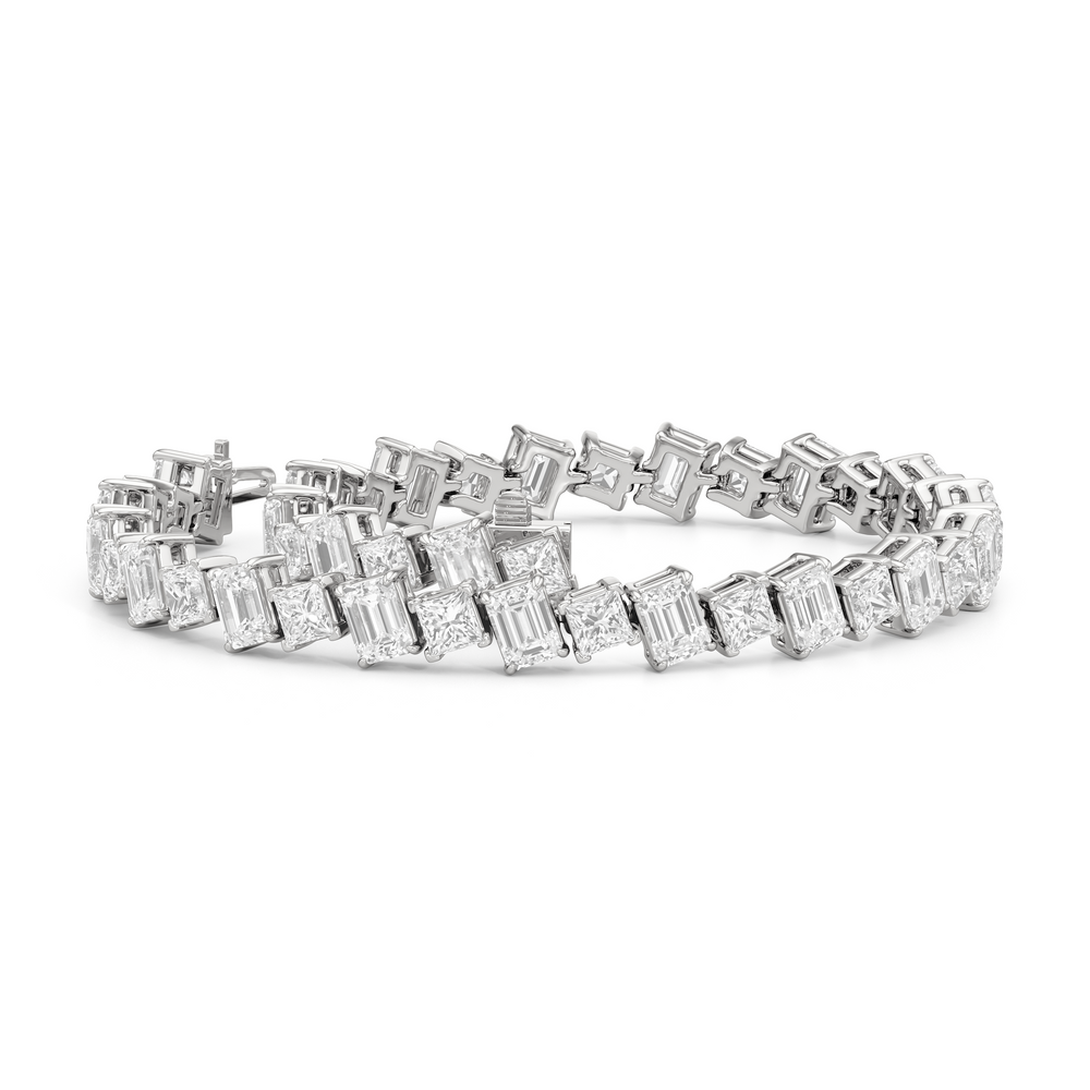 Emerald and Princess Herringbone Tennis Bracelet with 13 3/4 Cut Diamond in 14KT White Gold view 3
