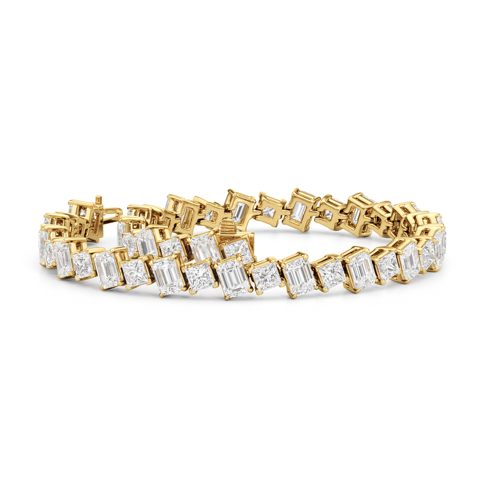 Emerald and Princess Herringbone Tennis Bracelet with 13 3/4 Cut Diamond in 14KT Yellow Gold view 3
