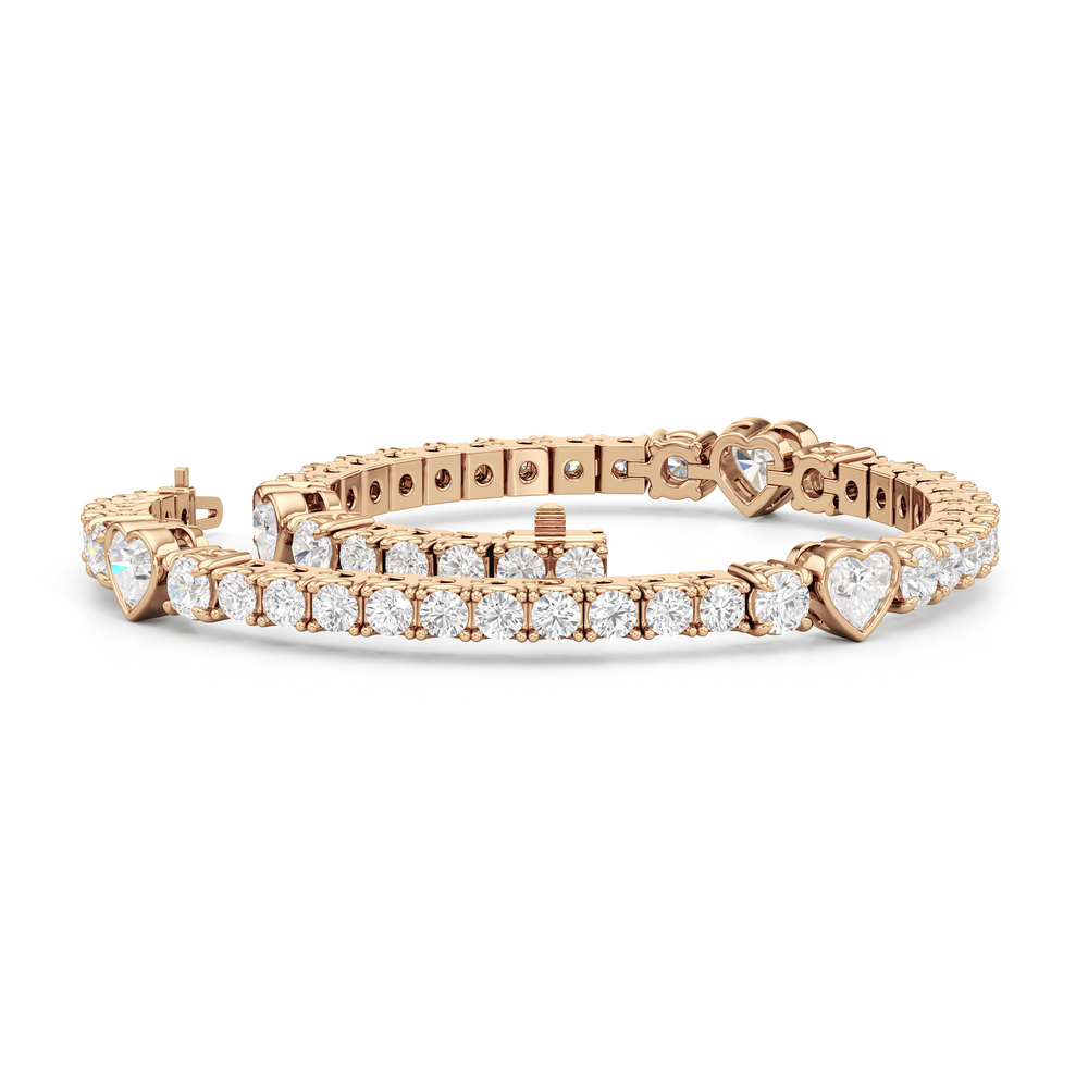 Bezeled Heart Station with Round Diamonds Tennis Bracelet with 9 Cut Diamond in 14KT Rose Gold view 3
